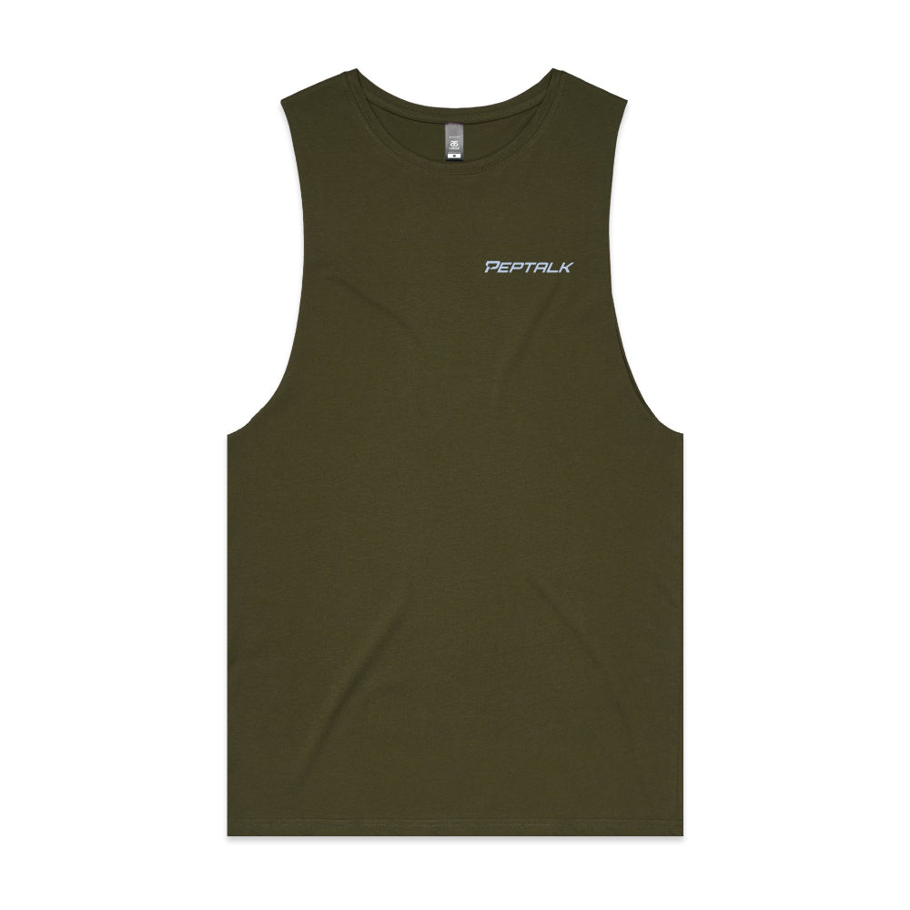 Army colour barnard tank with blue PepTalk logo on white background