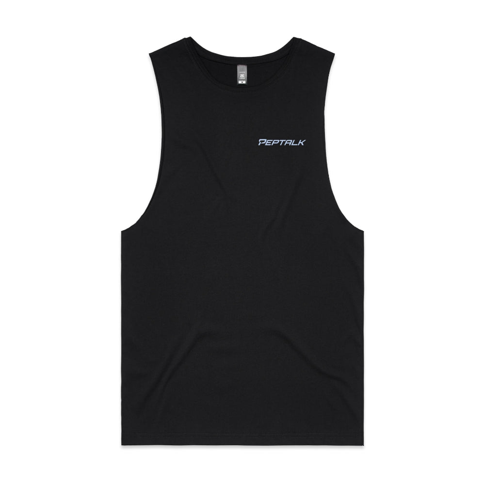 Black barnard tank with blue PepTalk logo on white background