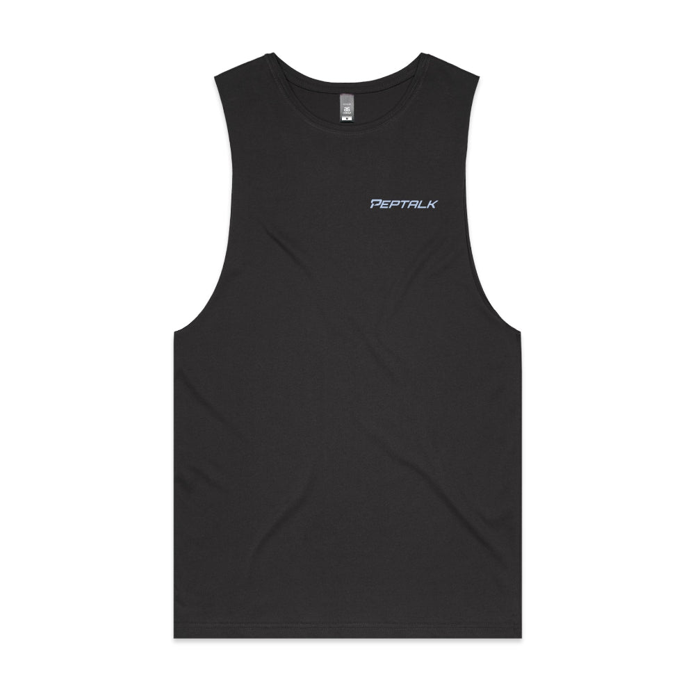 Coal colour barnard tank with blue PepTalk logo on white background