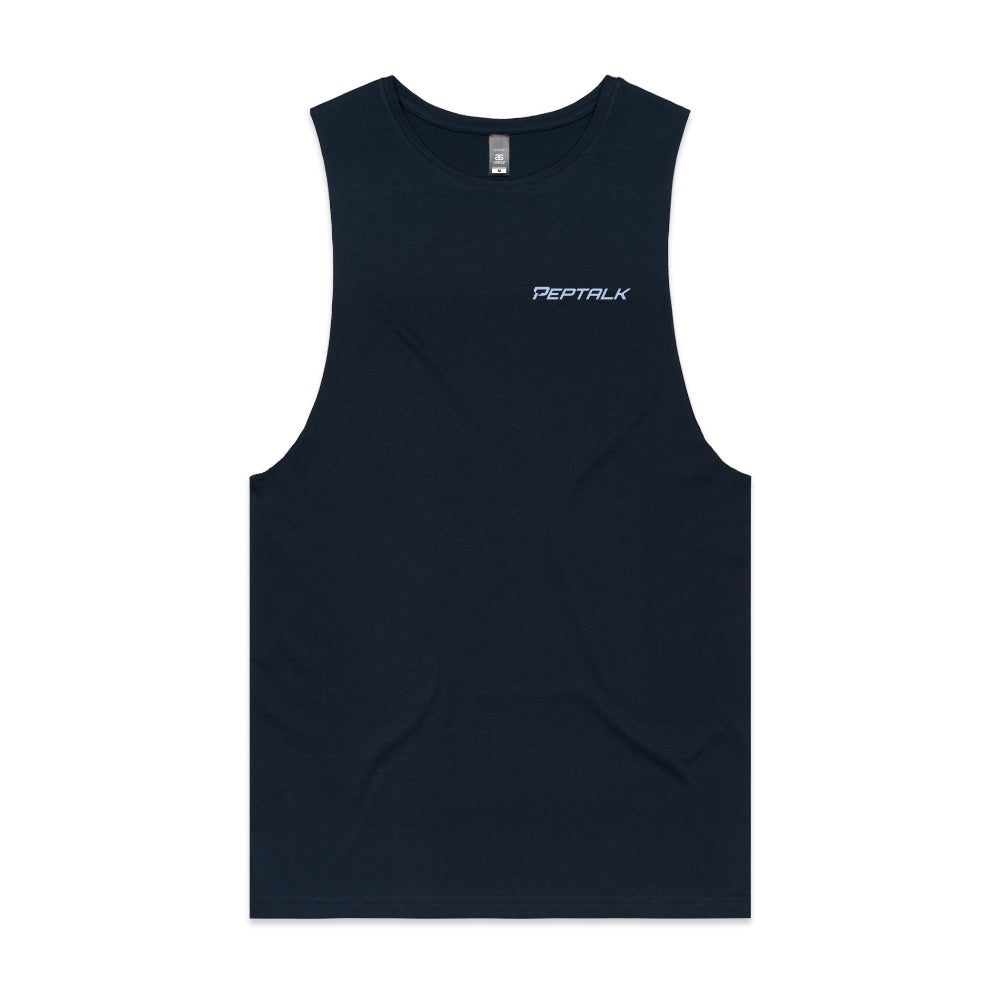 Navy barnard tank with blue PepTalk logo on white background