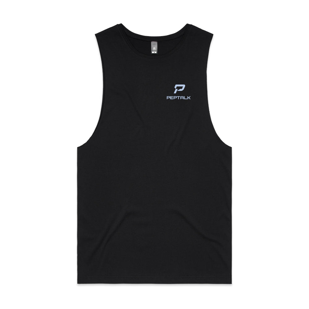 Black barnard tank with blue portrait PepTalk logo on white background