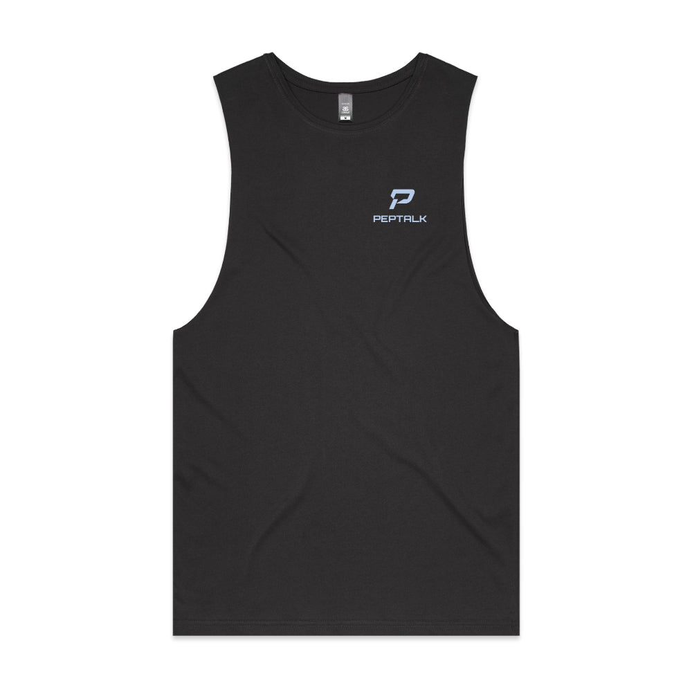 Coal colour barnard tank with blue portrait PepTalk logo on white background