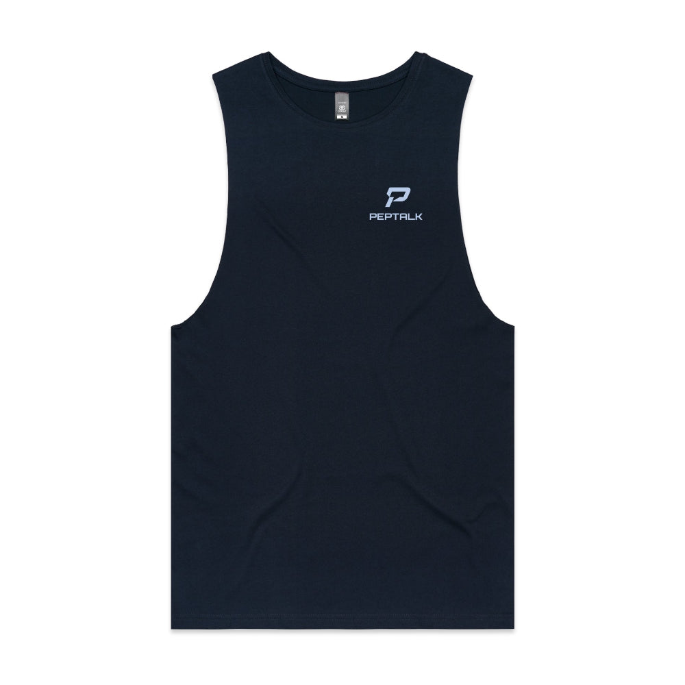 Navy barnard tank with blue portrait PepTalk logo on white background