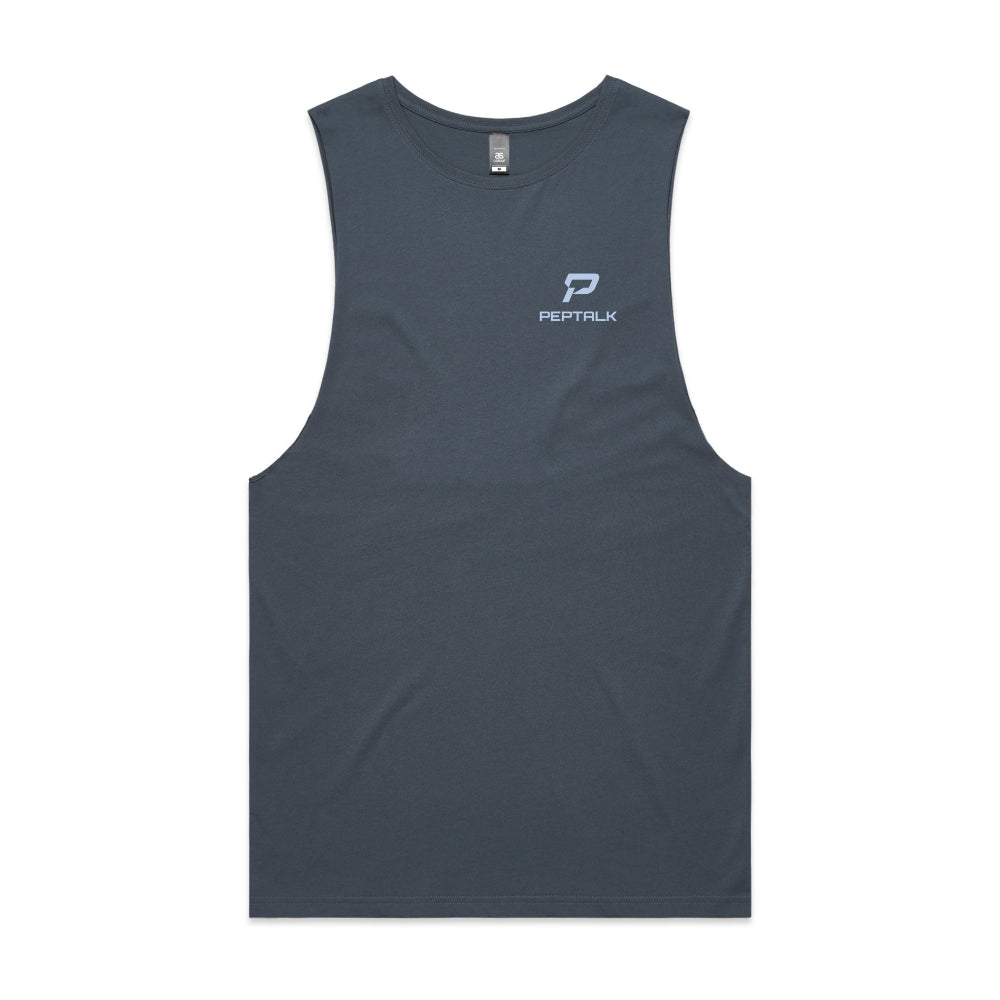 Petrol blue barnard tank with blue portrait PepTalk logo on white background