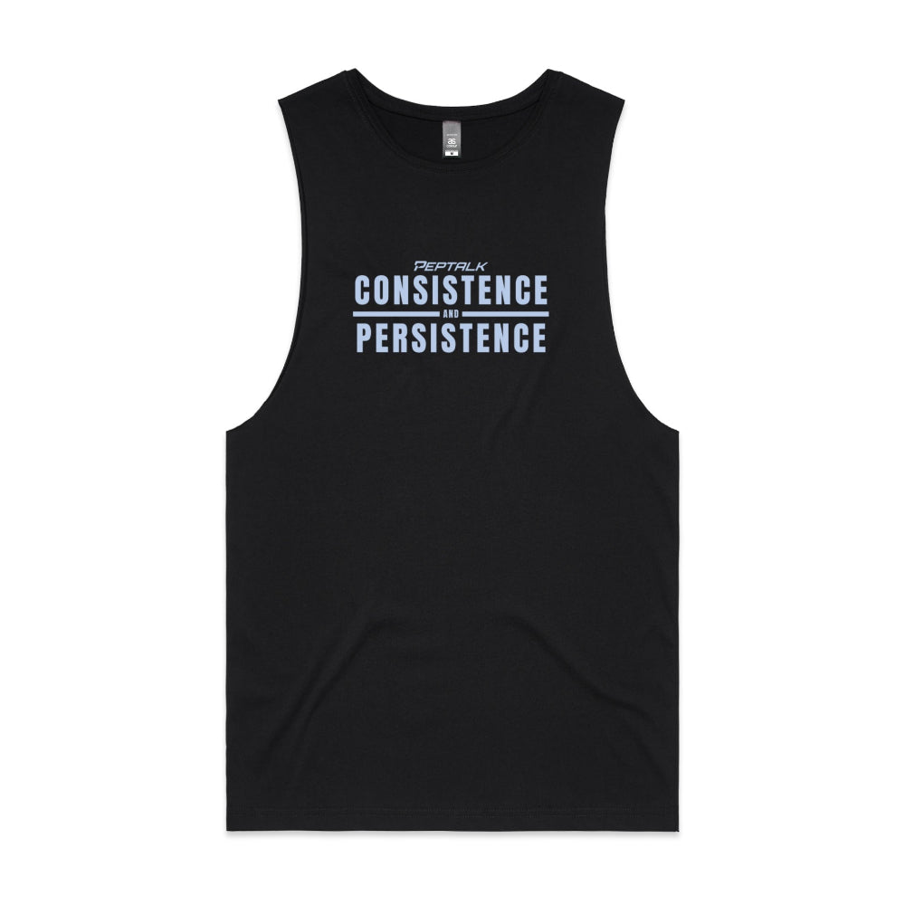 Black men's tank top with "Consistence and Persistence" design