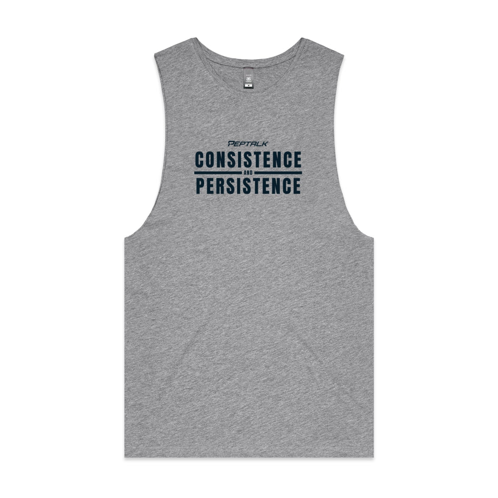 Grey men's tank top with "Consistence and Persistence" design