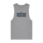 Grey men's tank top with "Consistence and Persistence" design