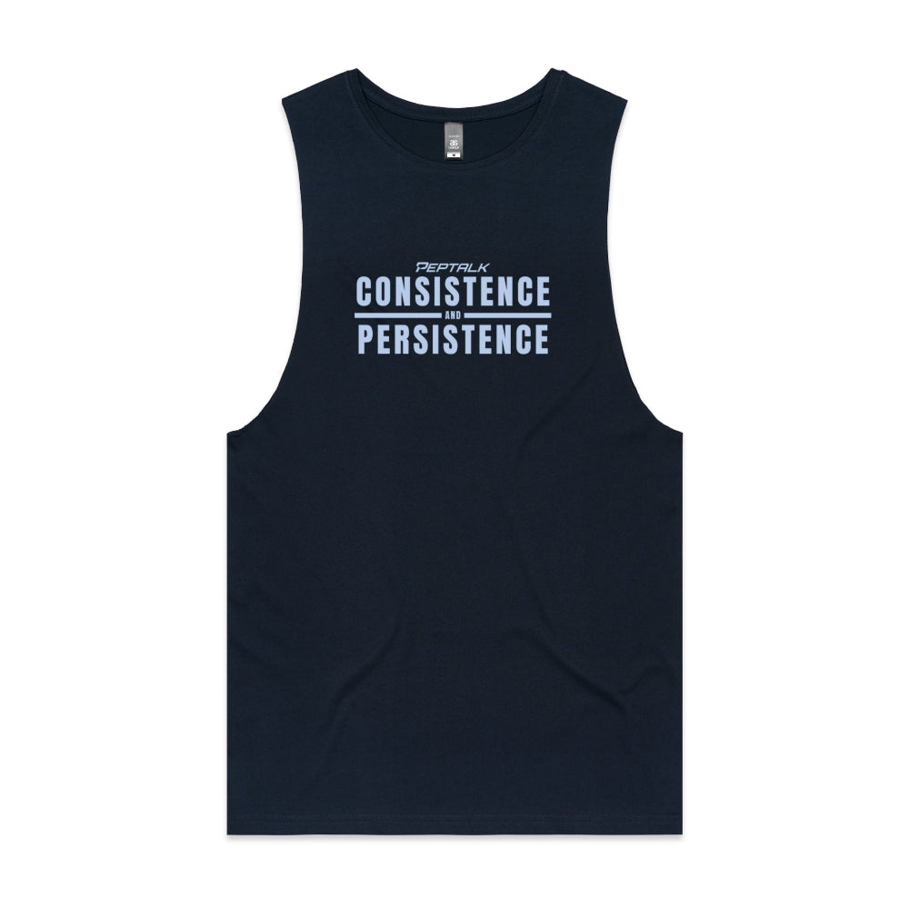 Navy men's tank top with "Consistence and Persistence" design