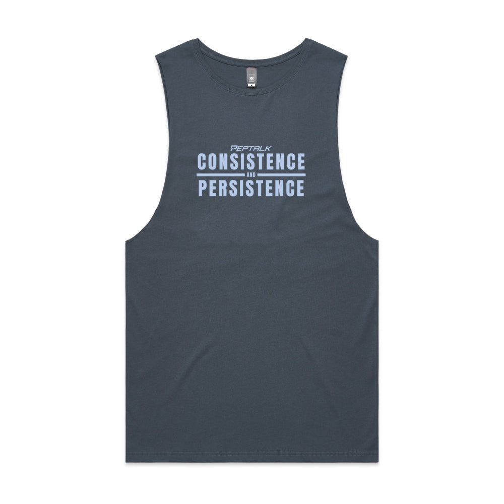 Petrol blue men's tank top with "Consistence and Persistence" design