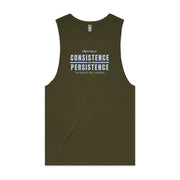 Army green men's tank top with "Consistence and Persistence, The Magic Will Happen" design