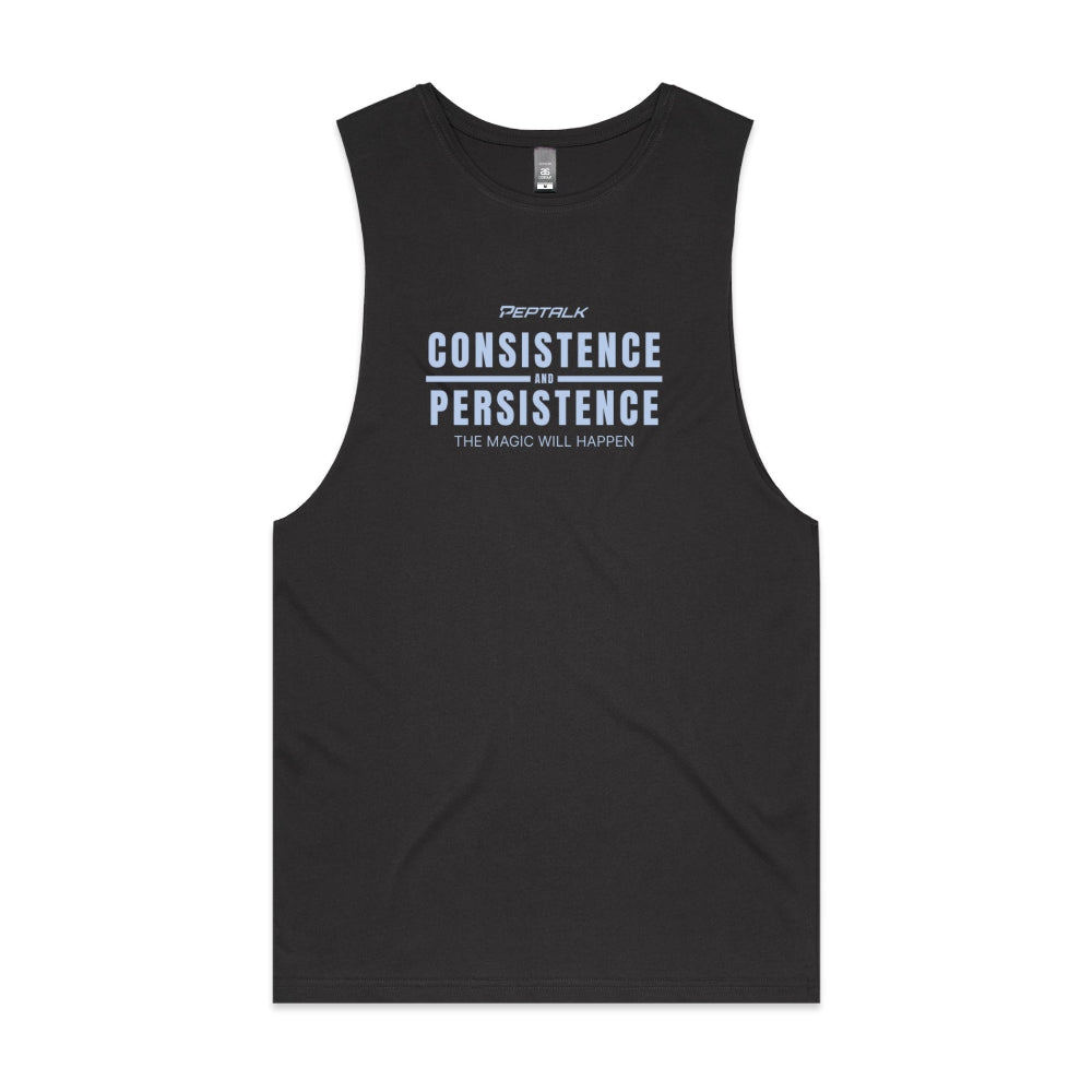 Coal men's tank top with "Consistence and Persistence, The Magic Will Happen" design