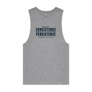 Grey men's tank top with "Consistence and Persistence, The Magic Will Happen" design
