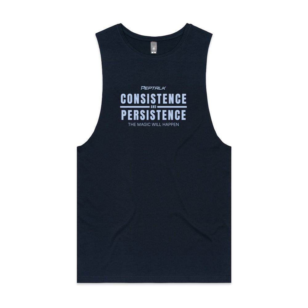 Navy men's tank top with "Consistence and Persistence, The Magic Will Happen" design