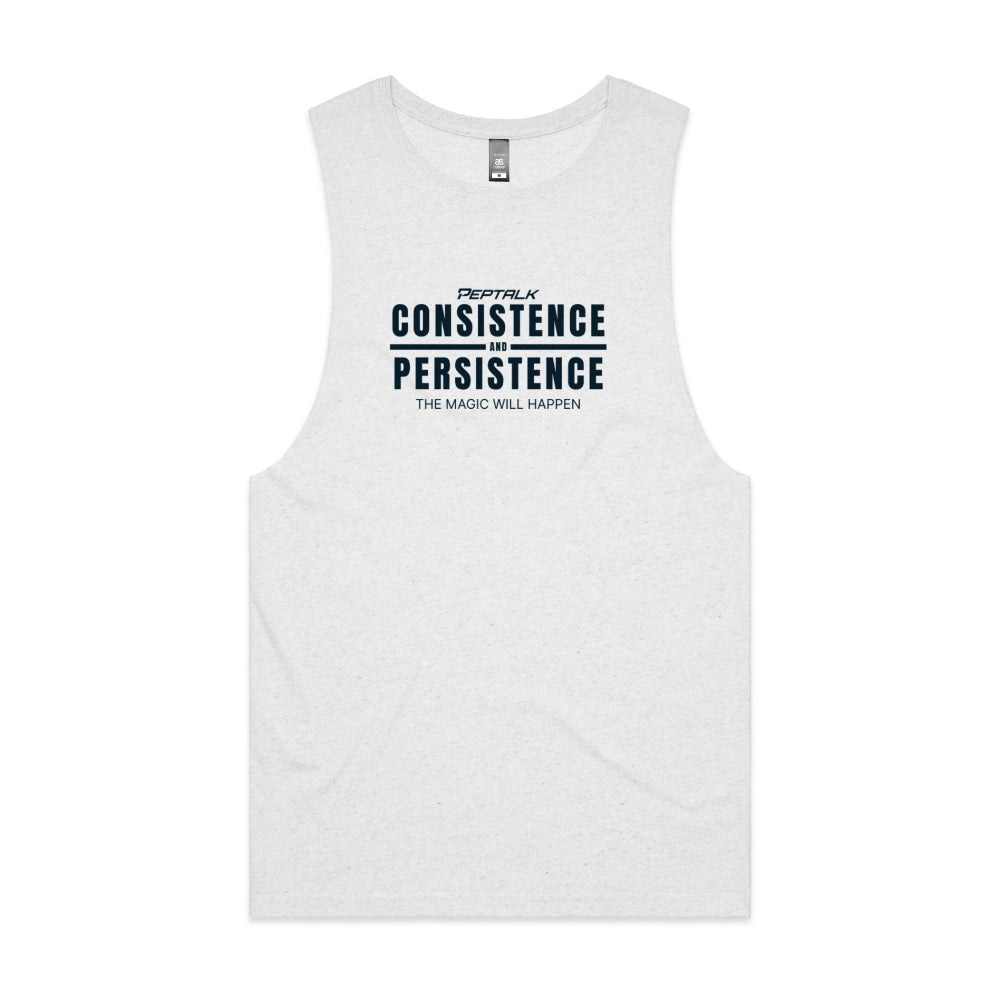 White marle men's tank top with "Consistence and Persistence, The Magic Will Happen" design