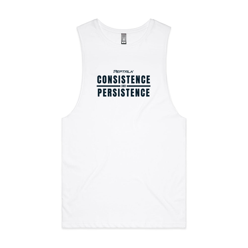 White men's tank top with "Consistence and Persistence" design