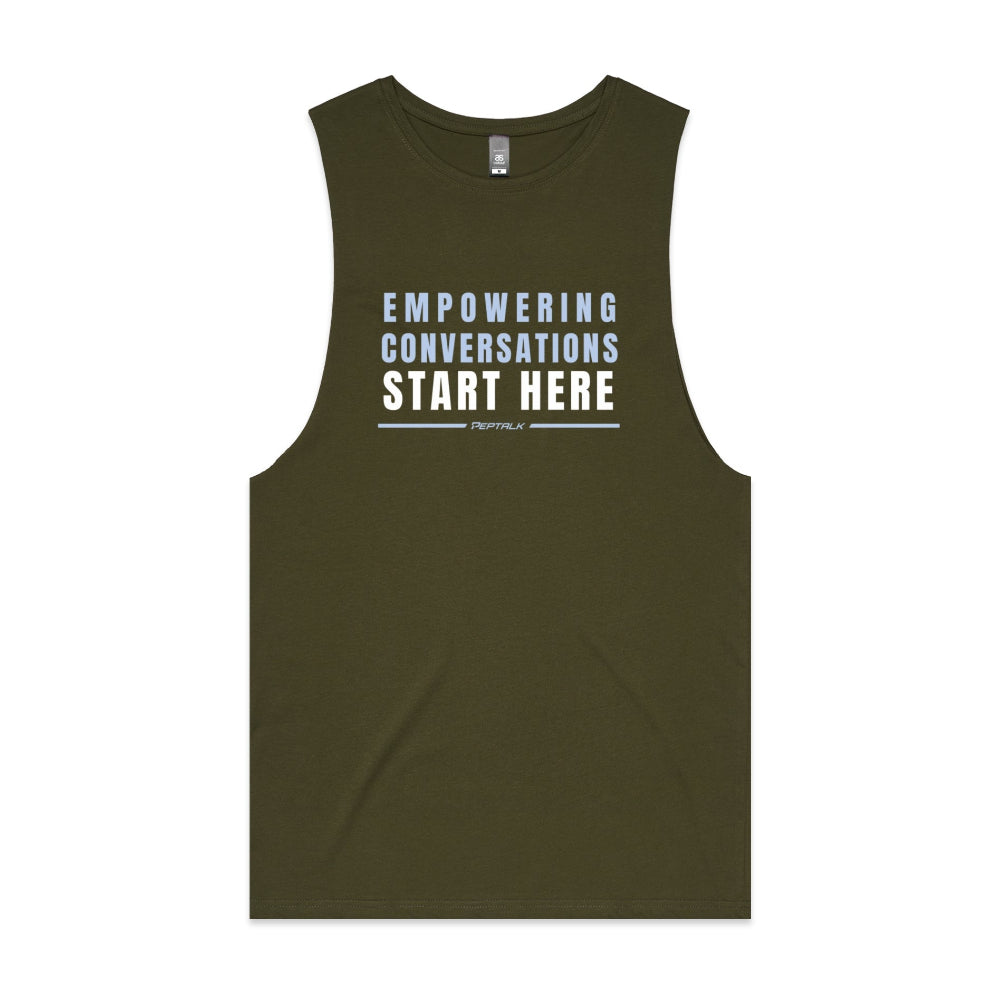 Army green men's tank top with "Empowering Conversations Start Here" design