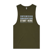 Army green men's tank top with "Empowering Conversations Start Here" design