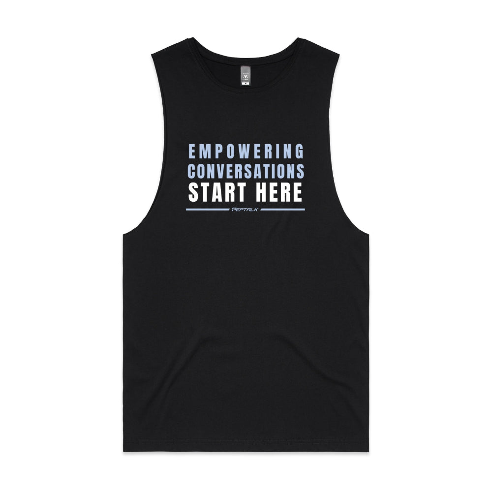 Black men's tank top with "Empowering Conversations Start Here" design