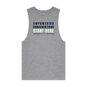 Grey men's tank top with "Empowering Conversations Start Here" design