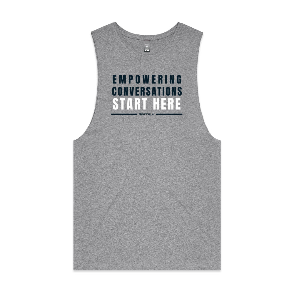 Grey men's tank top with "Empowering Conversations Start Here" design