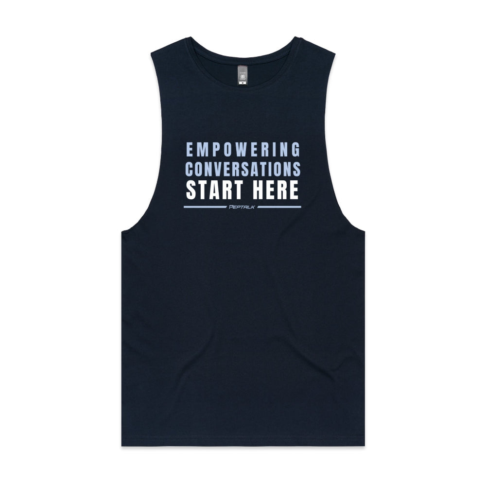 Navy men's tank top with "Empowering Conversations Start Here" design