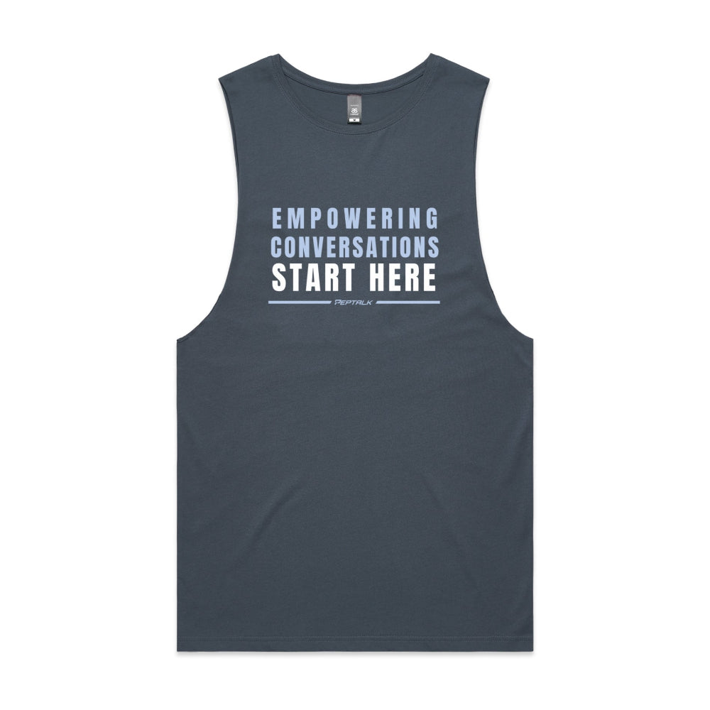 Petrol blue men's tank top with "Empowering Conversations Start Here" design
