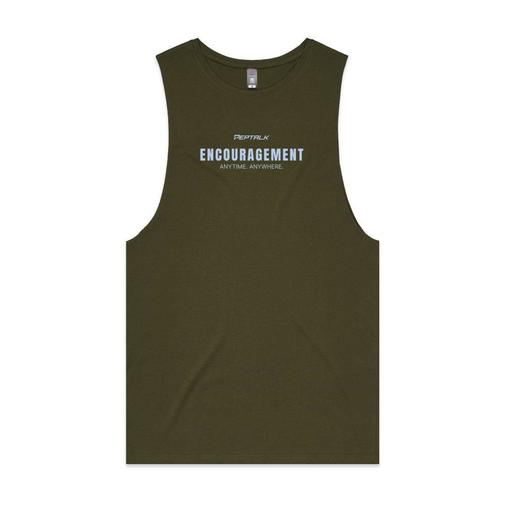 Army green men's tank top with "Encouragement Anytime Anywhere" design