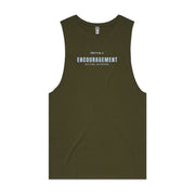 Army green men's tank top with "Encouragement Anytime Anywhere" design