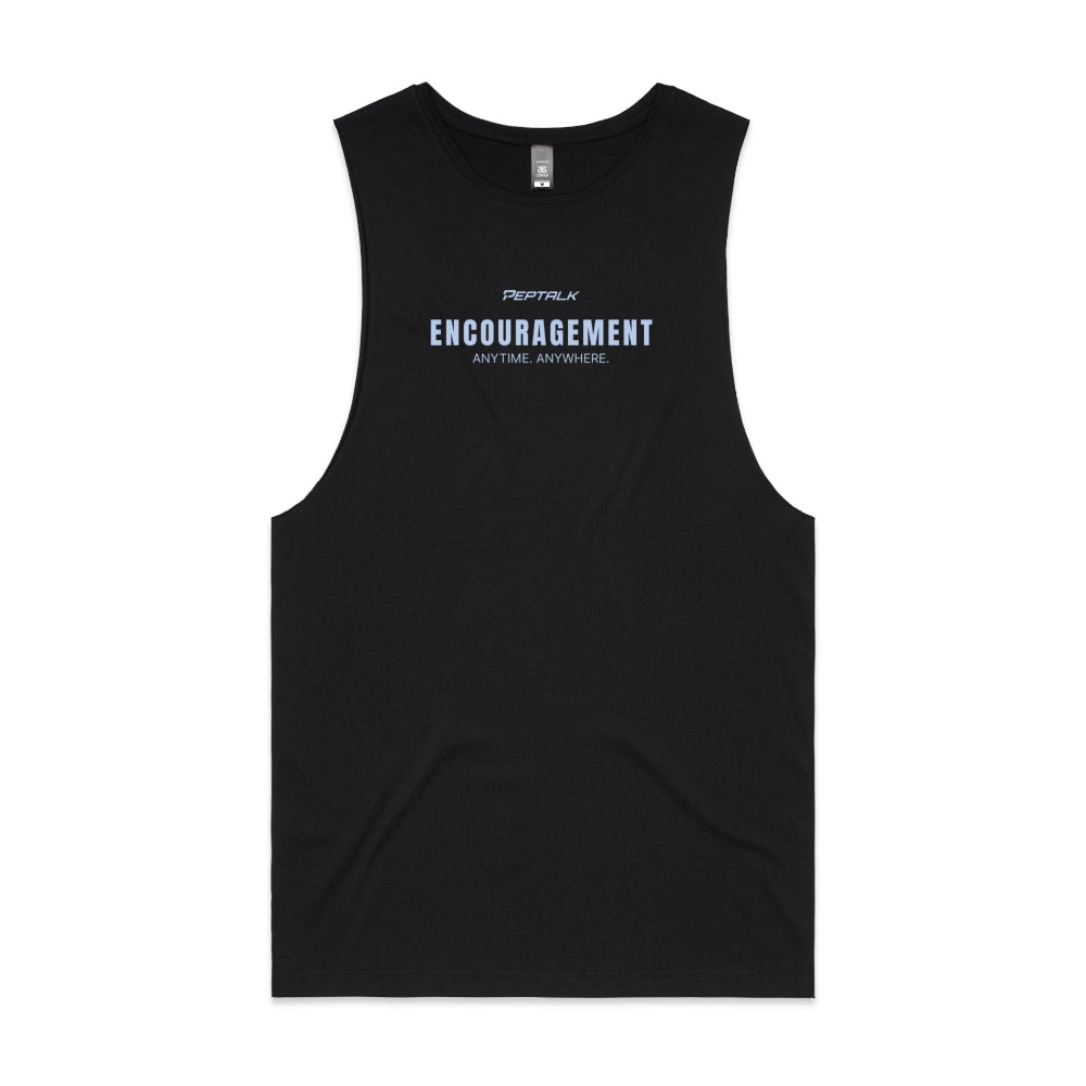 Black men's tank top with "Encouragement Anytime Anywhere" design