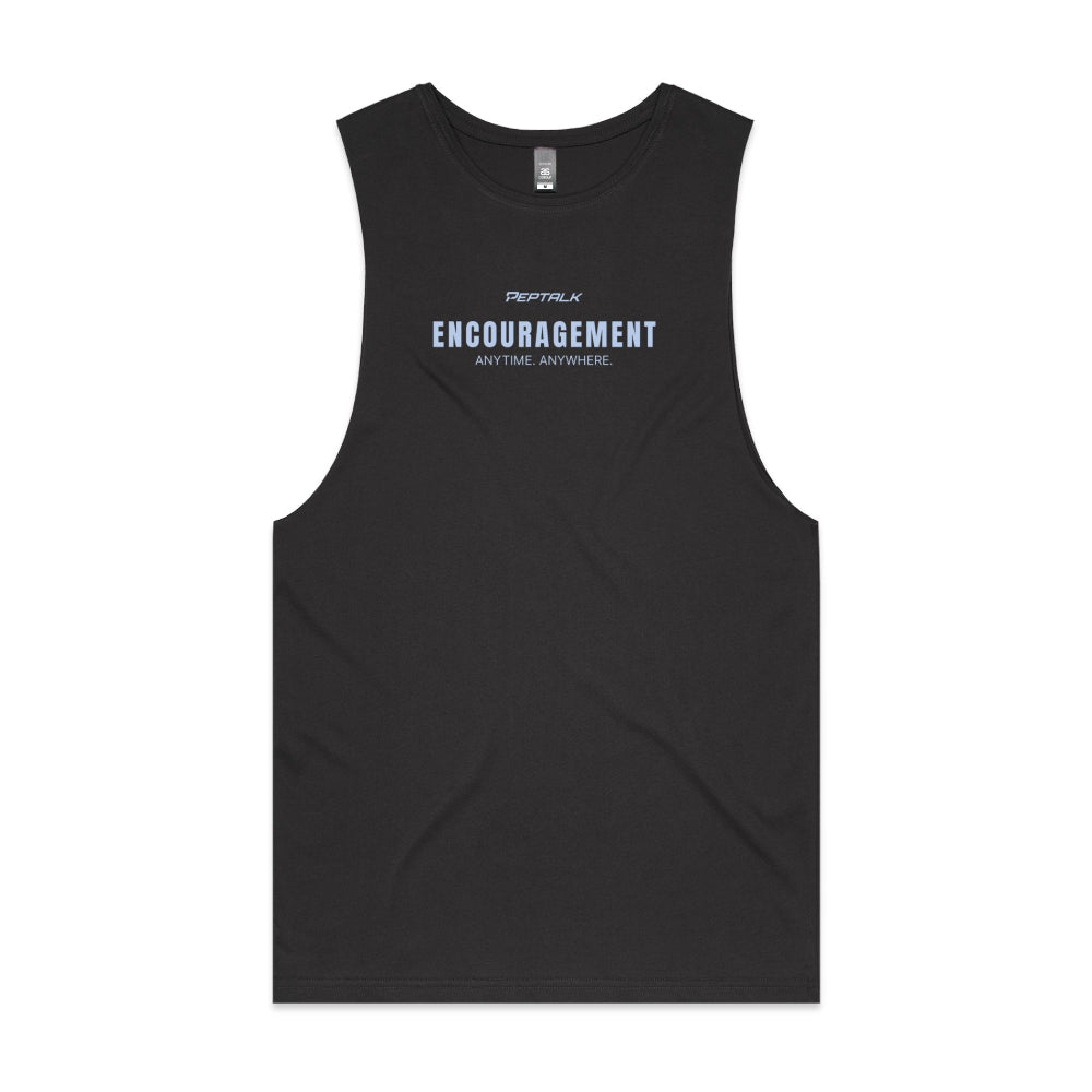 Coal men's tank top with "Encouragement Anytime Anywhere" design