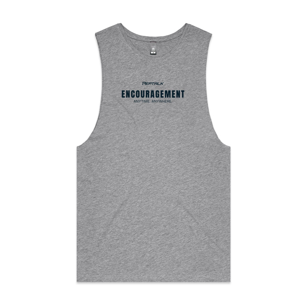 Grey men's tank top with "Encouragement Anytime Anywhere" design