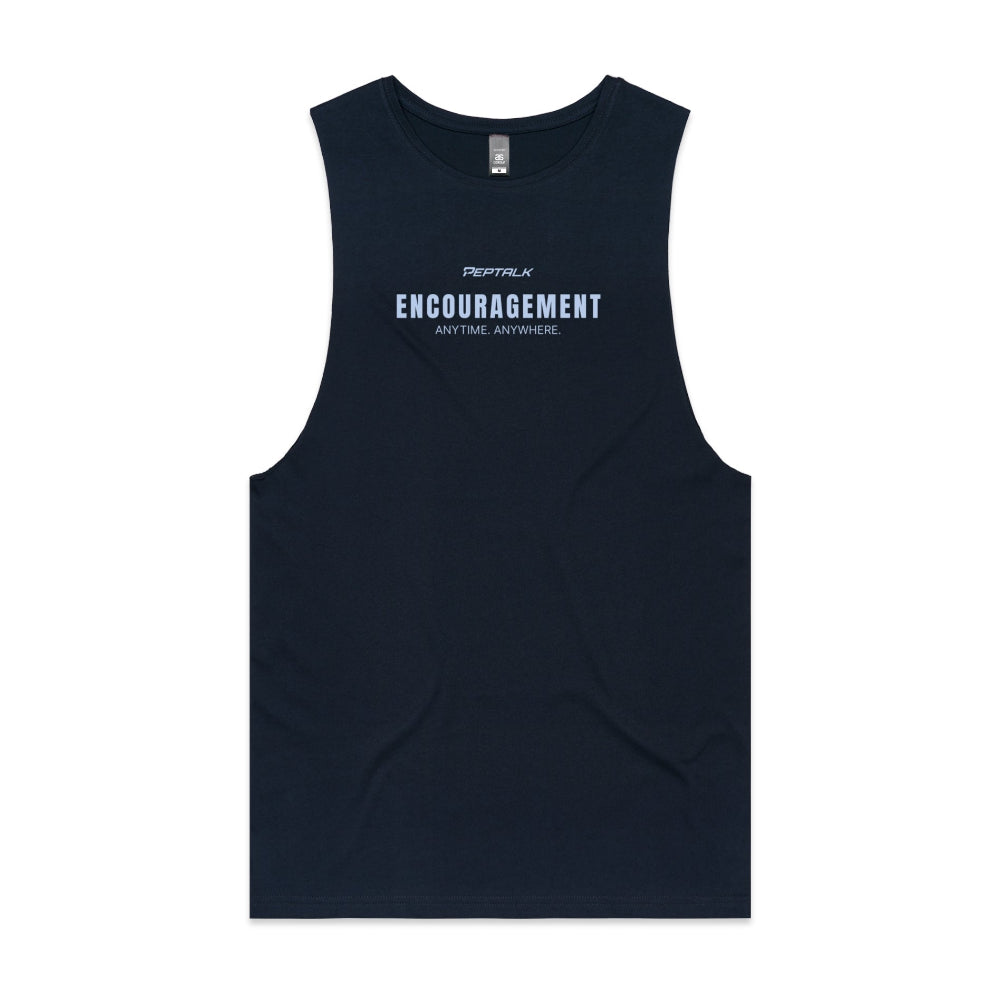 Navy men's tank top with "Encouragement Anytime Anywhere" design