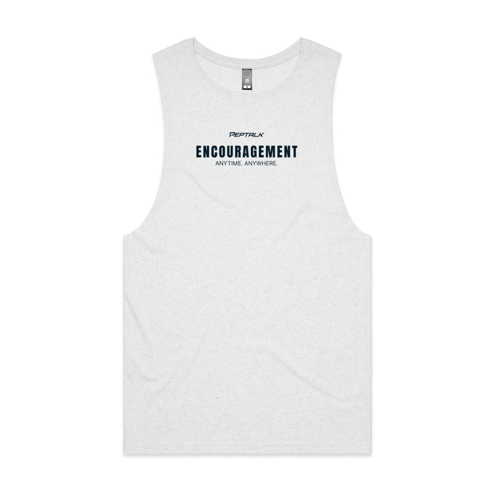 White marle men's tank top with "Encouragement Anytime Anywhere" design