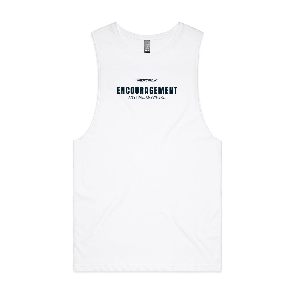 White men's tank top with "Encouragement Anytime Anywhere" design