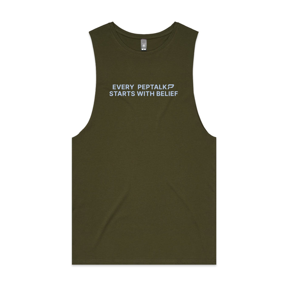 Army green men's tank top with "Every PepTalk Starts With Belief" design