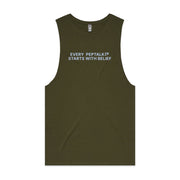 Army green men's tank top with "Every PepTalk Starts With Belief" design