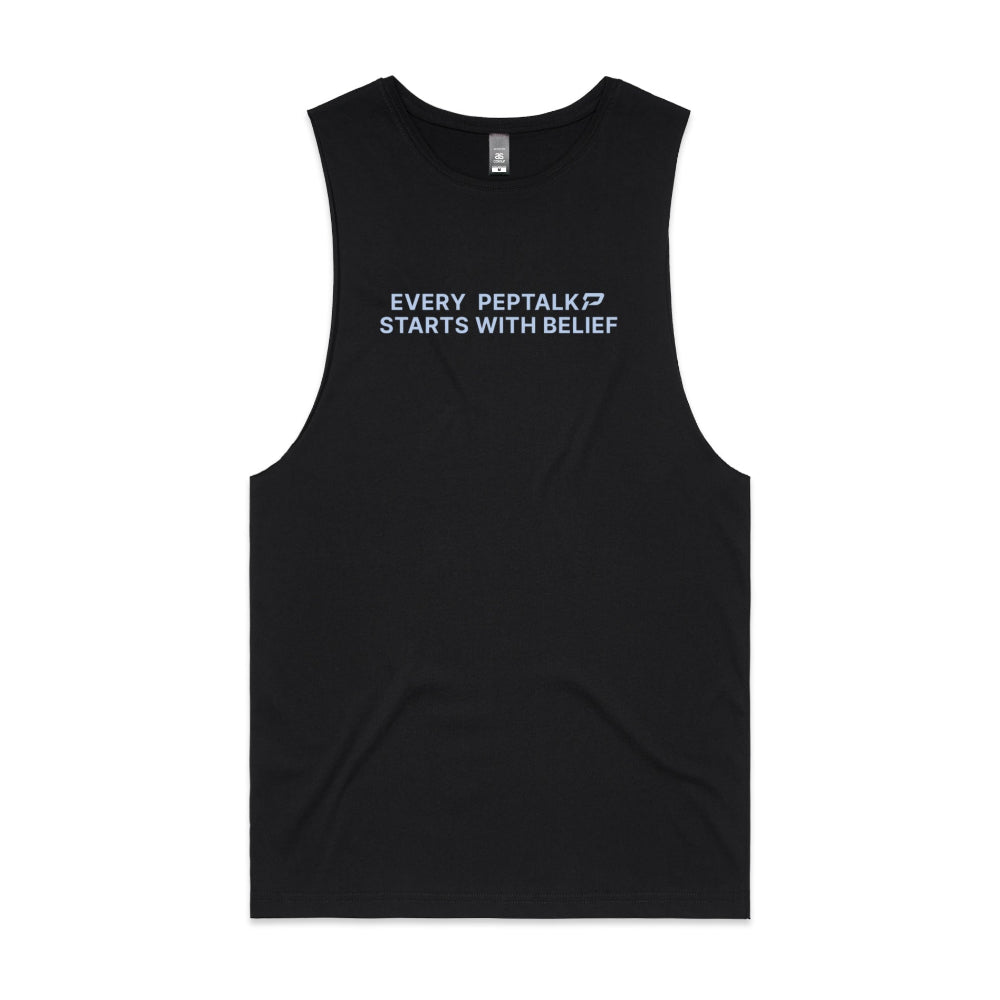 Black men's tank top with "Every PepTalk Starts With Belief" design