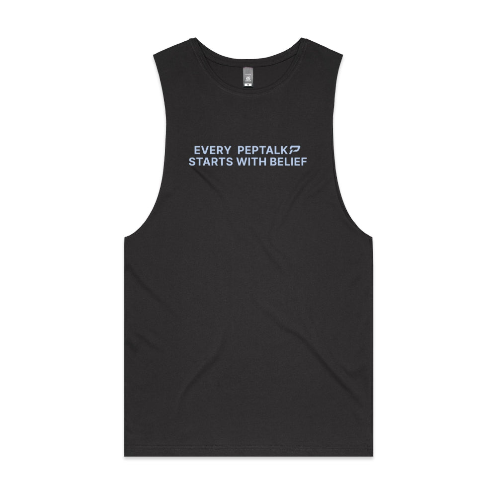 Coal men's tank top with "Every PepTalk Starts With Belief" design