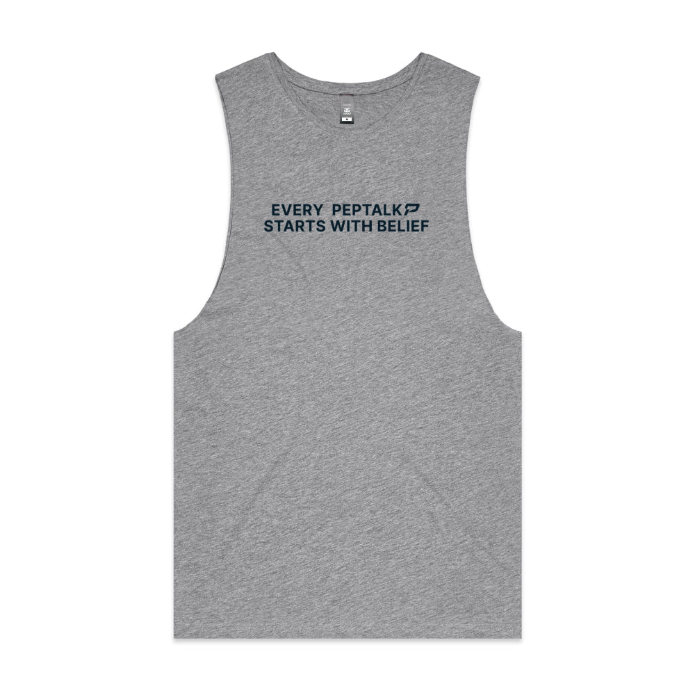 Grey men's tank top with "Every PepTalk Starts With Belief" design