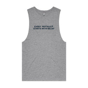 Grey men's tank top with "Every PepTalk Starts With Belief" design