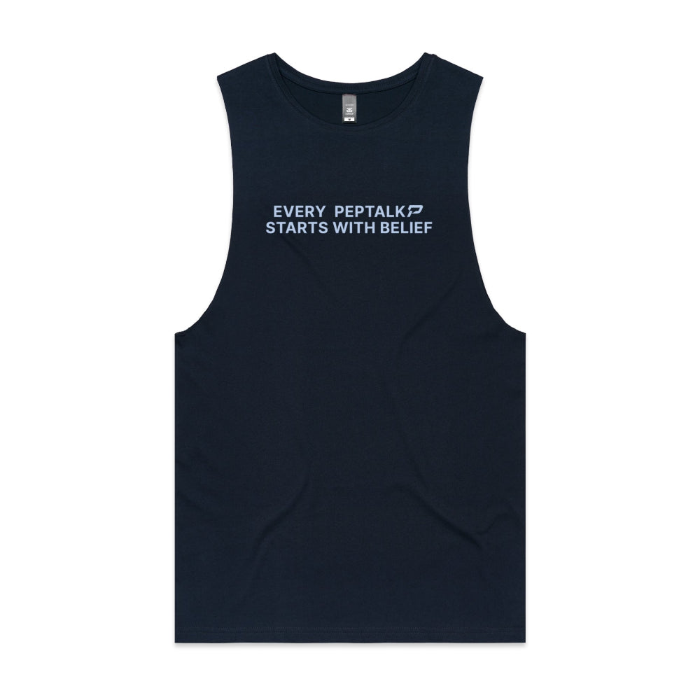 Navy men's tank top with "Every PepTalk Starts With Belief" design