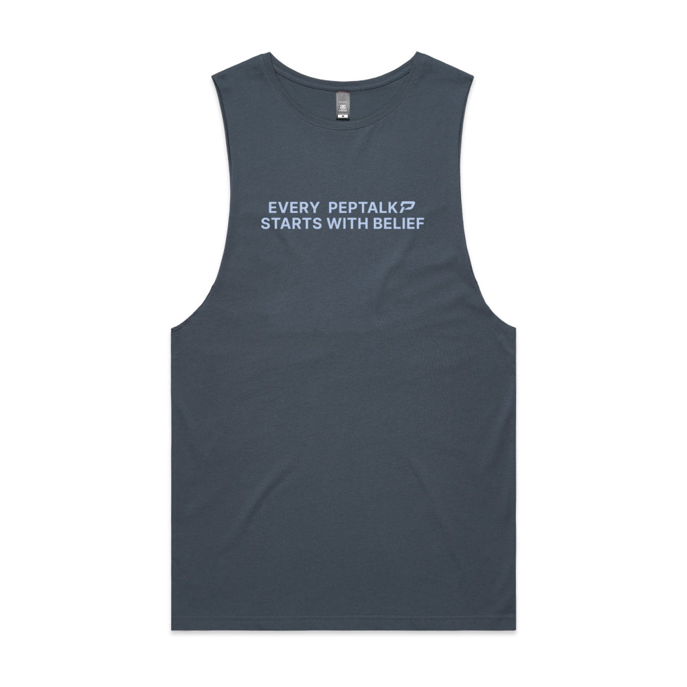 Petrol blue men's tank top with "Every PepTalk Starts With Belief" design