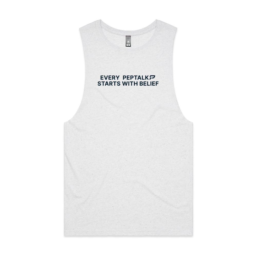 White marle men's tank top with "Every PepTalk Starts With Belief" design