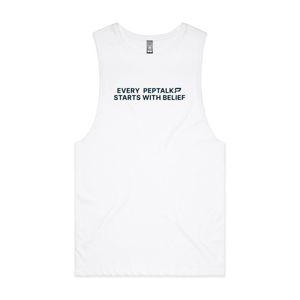 White men's tank top with "Every PepTalk Starts With Belief" design
