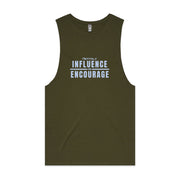 Army green men's tank top with "Influence and Encourage" design