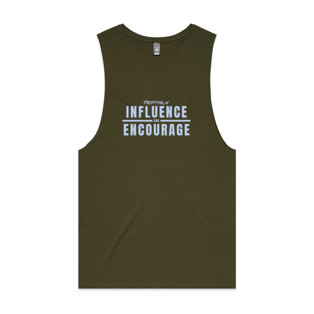 Army green men's tank top with "Influence and Encourage" design
