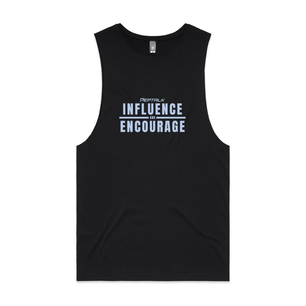 Black men's tank top with "Influence and Encourage" design
