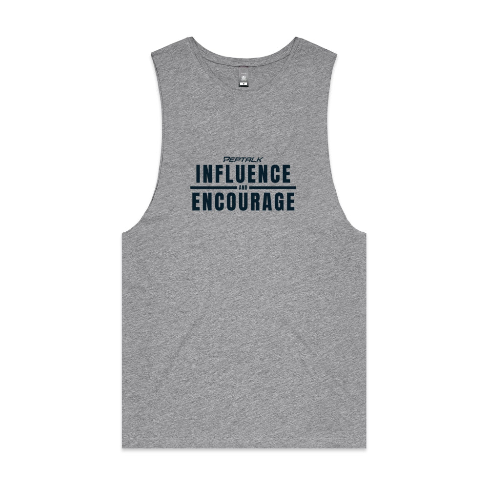 Grey men's tank top with "Influence and Encourage" design