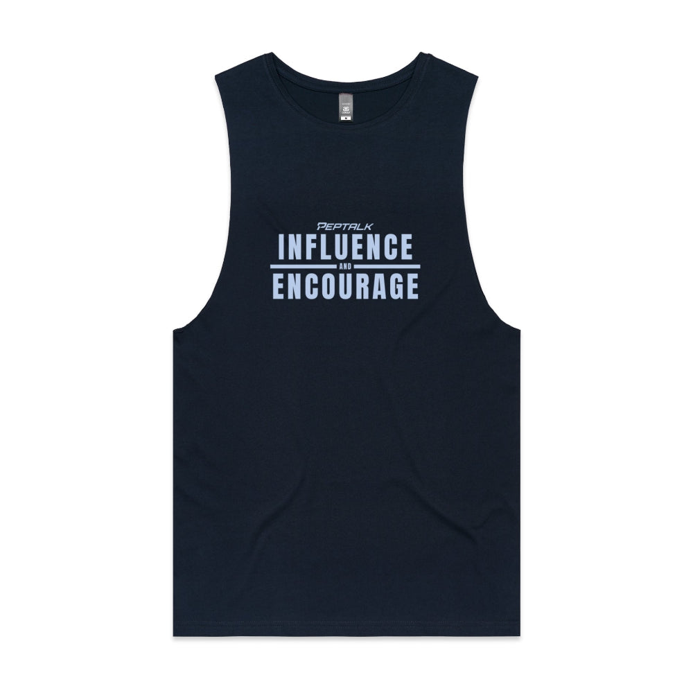 Navy men's tank top with "Influence and Encourage" design