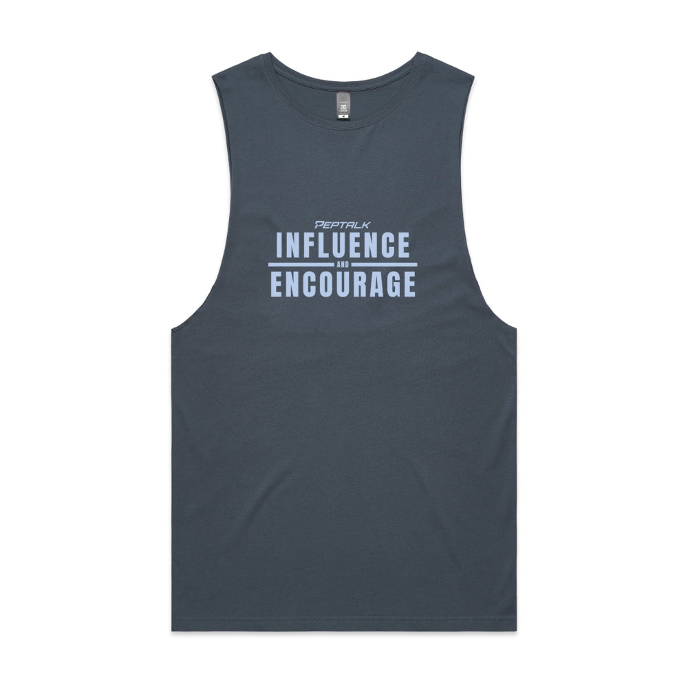 Petrol blue men's tank top with "Influence and Encourage" design
